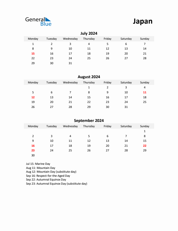 Printable Quarterly Calendar with Notes and Japan Holidays- Q3 of 2024