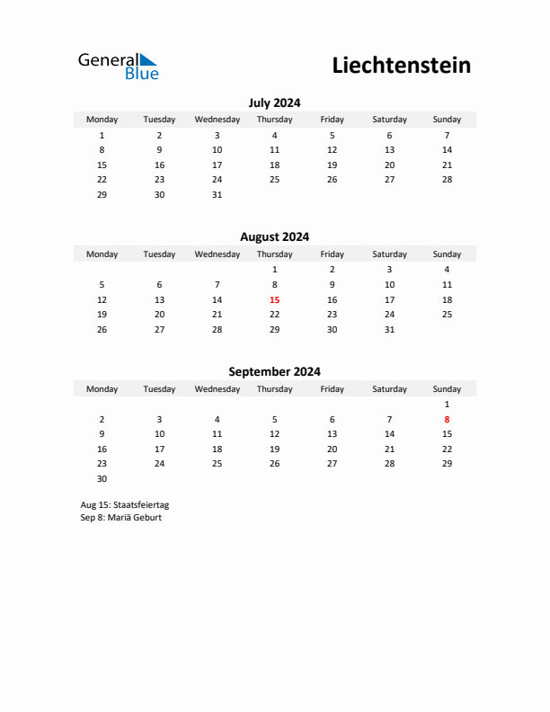 Printable Quarterly Calendar with Notes and Liechtenstein Holidays- Q3 of 2024