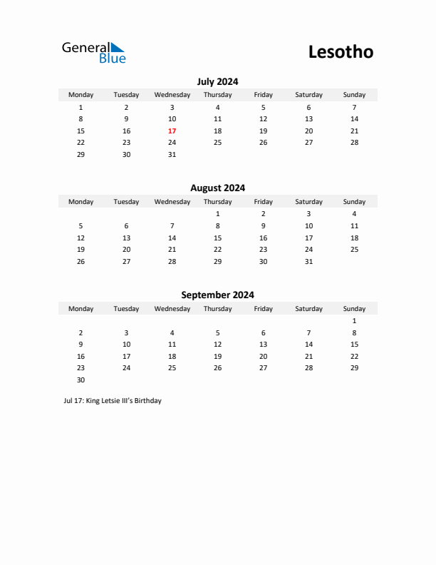 Printable Quarterly Calendar with Notes and Lesotho Holidays- Q3 of 2024