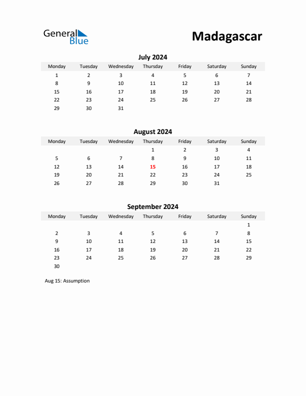 Printable Quarterly Calendar with Notes and Madagascar Holidays- Q3 of 2024