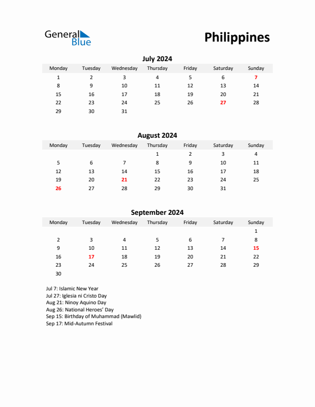 Printable Quarterly Calendar with Notes and Philippines Holidays- Q3 of 2024