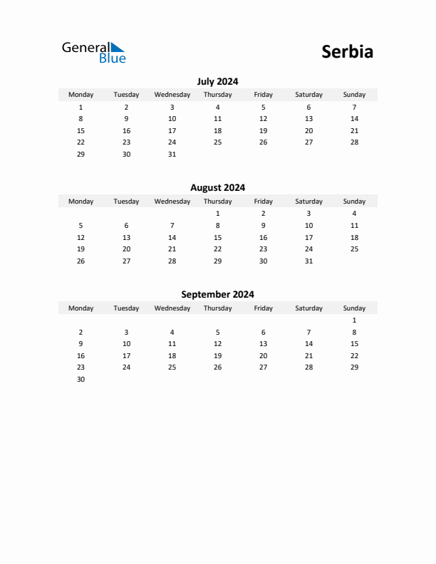 Printable Quarterly Calendar with Notes and Serbia Holidays- Q3 of 2024