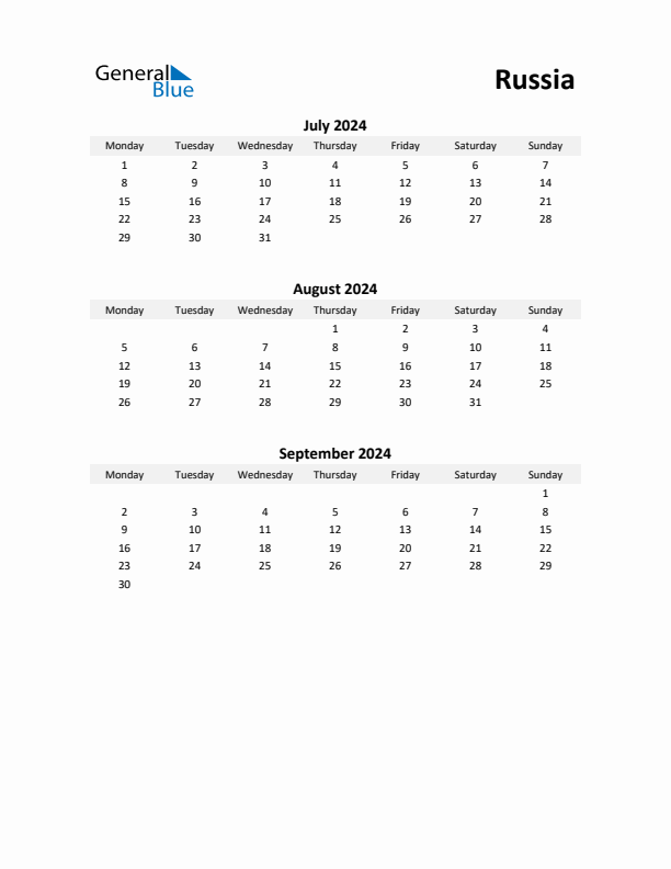 Printable Quarterly Calendar with Notes and Russia Holidays- Q3 of 2024