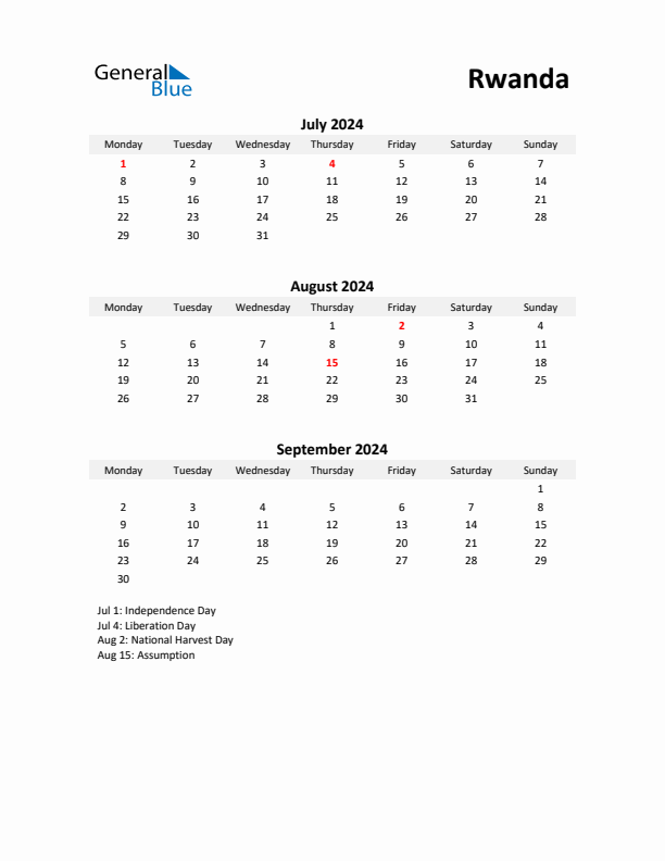 Printable Quarterly Calendar with Notes and Rwanda Holidays- Q3 of 2024