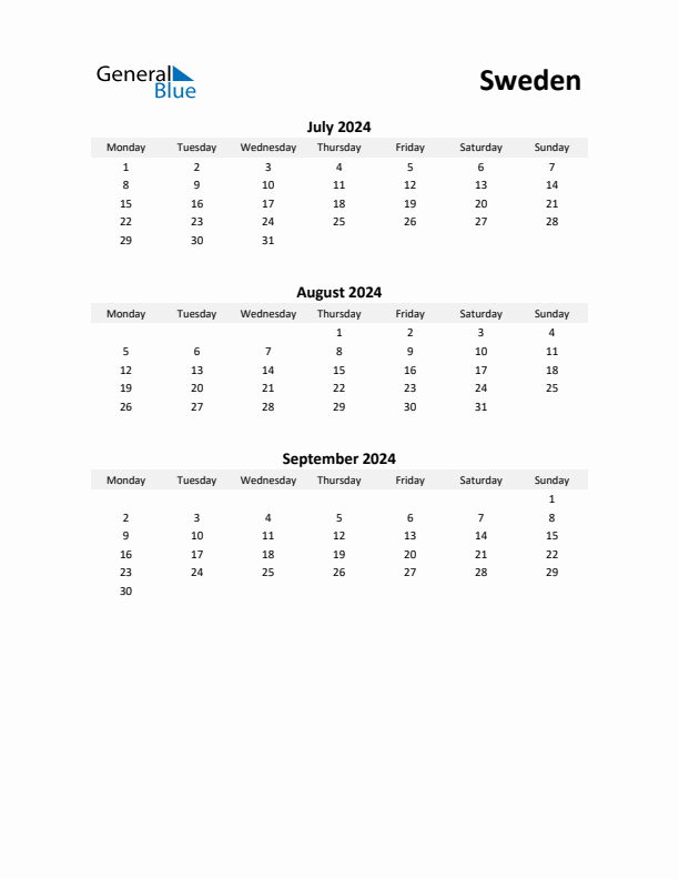 Printable Quarterly Calendar with Notes and Sweden Holidays- Q3 of 2024