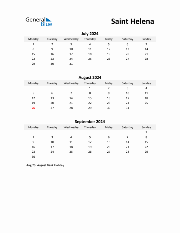 Printable Quarterly Calendar with Notes and Saint Helena Holidays- Q3 of 2024