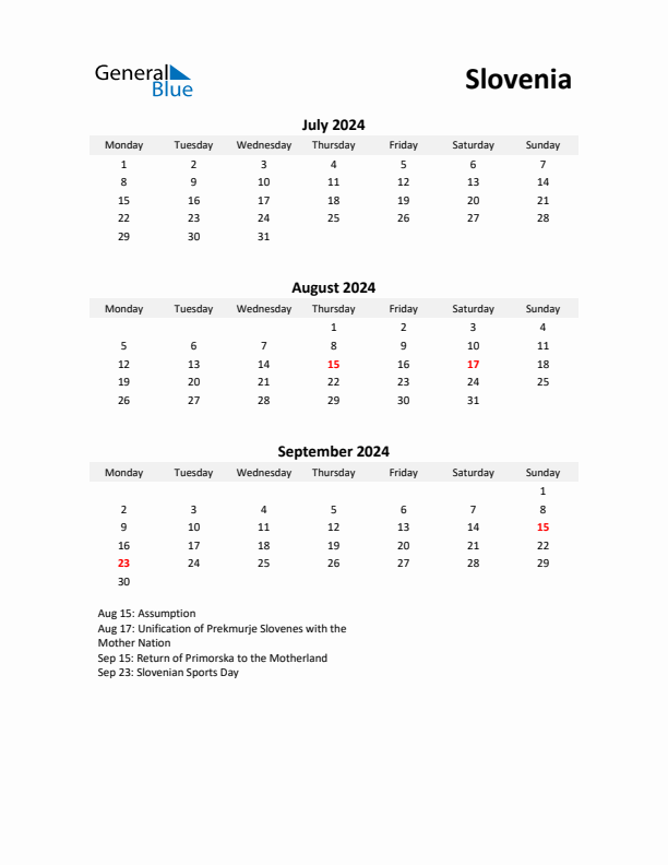 Printable Quarterly Calendar with Notes and Slovenia Holidays- Q3 of 2024