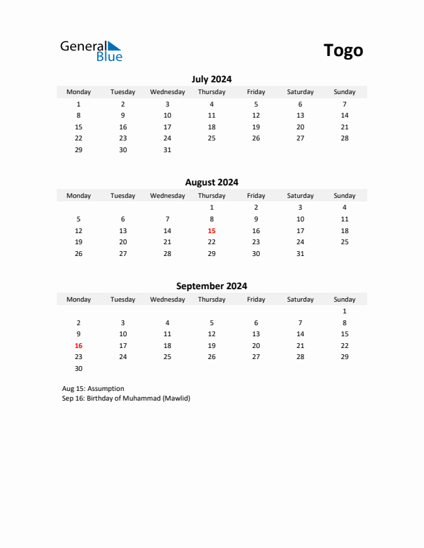 Printable Quarterly Calendar with Notes and Togo Holidays- Q3 of 2024