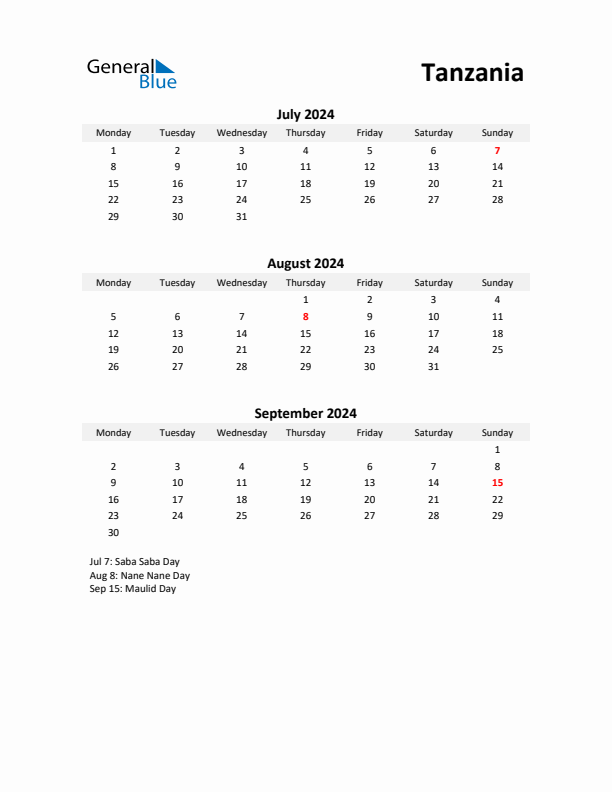 Printable Quarterly Calendar with Notes and Tanzania Holidays- Q3 of 2024