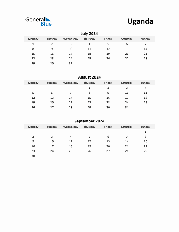 Printable Quarterly Calendar with Notes and Uganda Holidays- Q3 of 2024