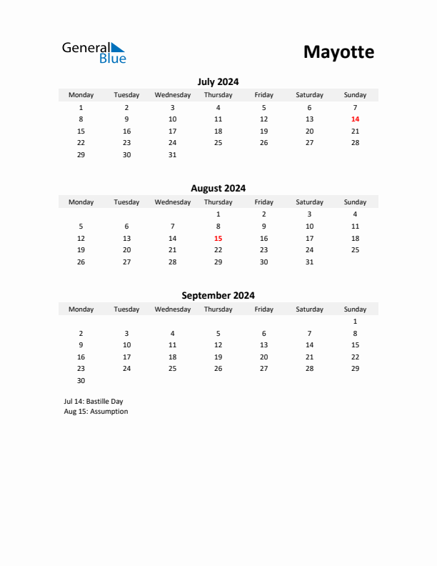 Printable Quarterly Calendar with Notes and Mayotte Holidays- Q3 of 2024