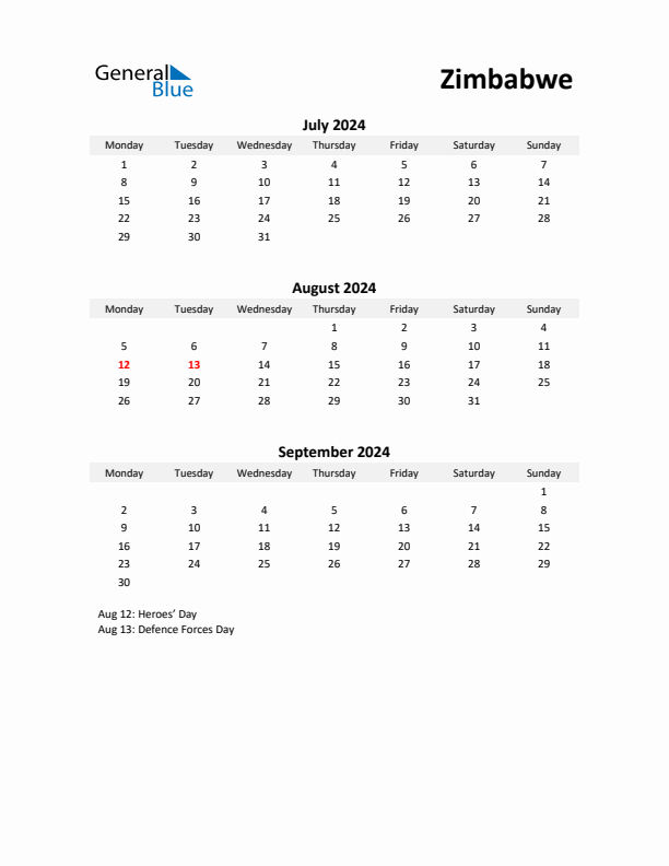 Printable Quarterly Calendar with Notes and Zimbabwe Holidays- Q3 of 2024