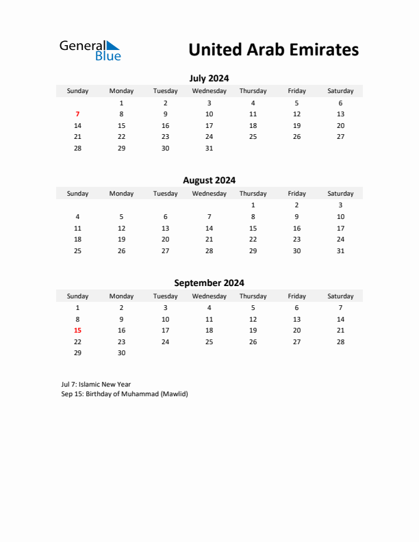 Printable Quarterly Calendar with Notes and United Arab Emirates Holidays- Q3 of 2024