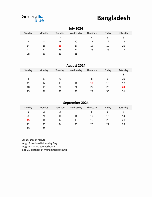 Printable Quarterly Calendar with Notes and Bangladesh Holidays- Q3 of 2024