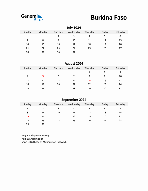 Printable Quarterly Calendar with Notes and Burkina Faso Holidays- Q3 of 2024