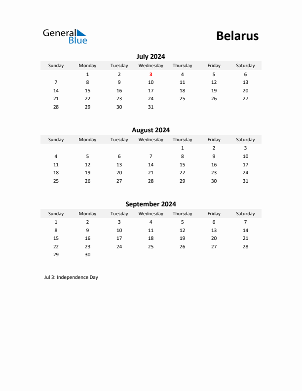 Printable Quarterly Calendar with Notes and Belarus Holidays- Q3 of 2024