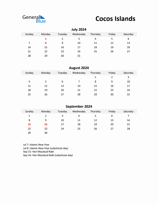 Printable Quarterly Calendar with Notes and Cocos Islands Holidays- Q3 of 2024