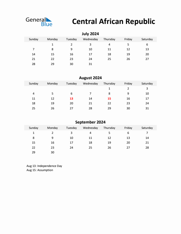 Printable Quarterly Calendar with Notes and Central African Republic Holidays- Q3 of 2024