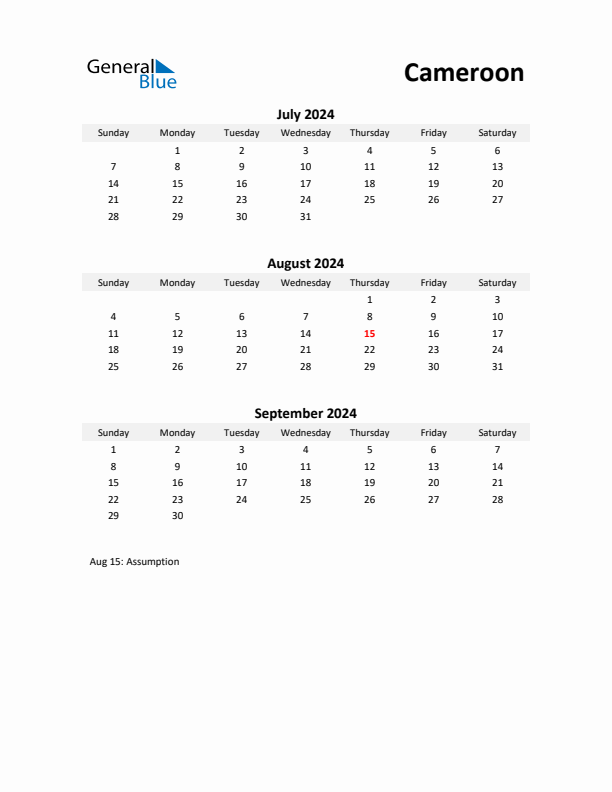 Printable Quarterly Calendar with Notes and Cameroon Holidays- Q3 of 2024