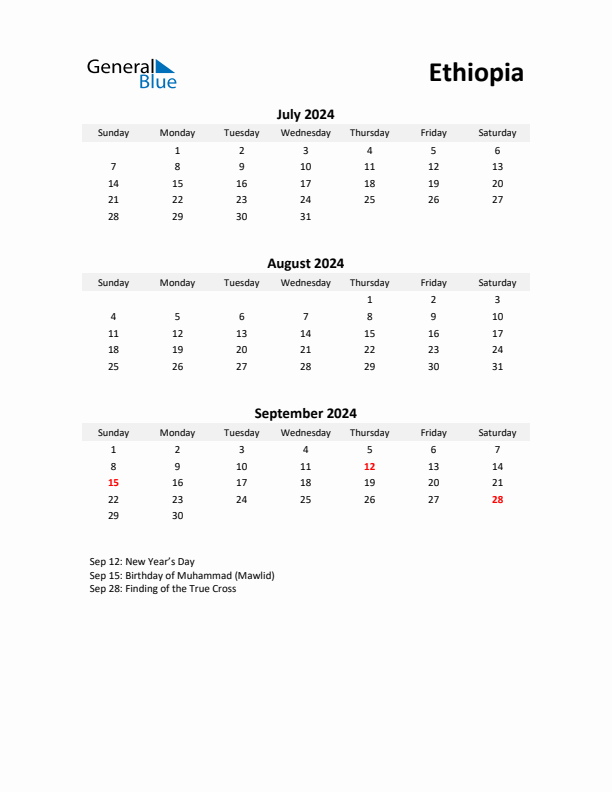 Printable Quarterly Calendar with Notes and Ethiopia Holidays- Q3 of 2024