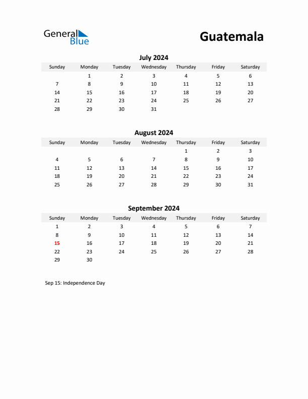 Printable Quarterly Calendar with Notes and Guatemala Holidays- Q3 of 2024