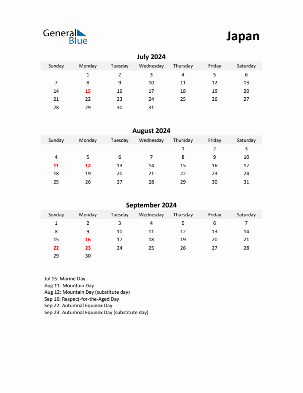 Printable Quarterly Calendar with Notes and Japan Holidays- Q3 of 2024