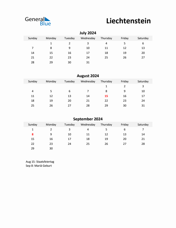 Printable Quarterly Calendar with Notes and Liechtenstein Holidays- Q3 of 2024