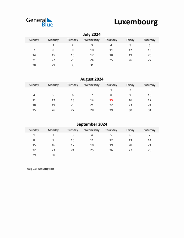 Printable Quarterly Calendar with Notes and Luxembourg Holidays- Q3 of 2024