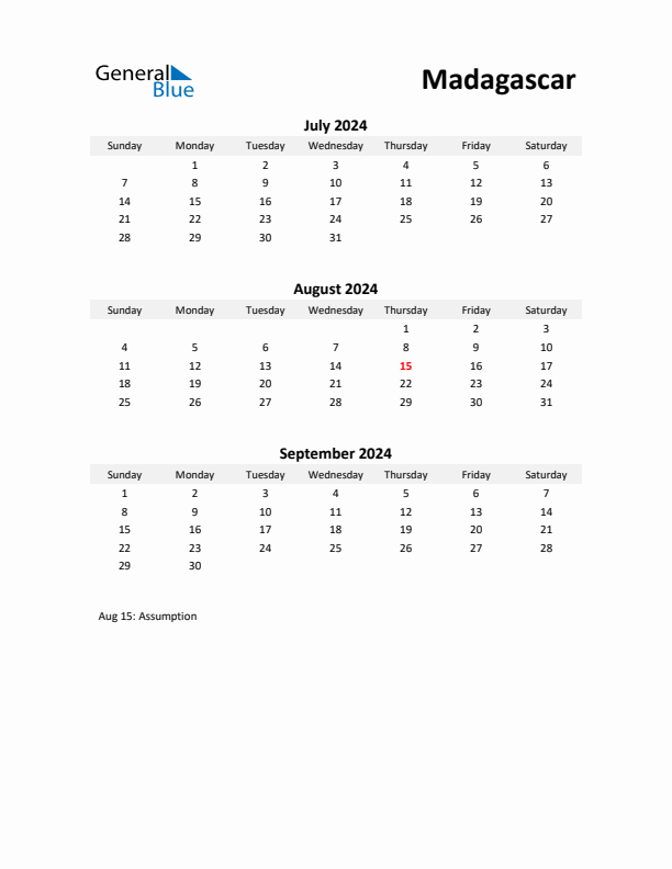 Printable Quarterly Calendar with Notes and Madagascar Holidays- Q3 of 2024