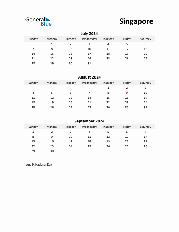 Printable Quarterly Calendar with Notes and Singapore Holidays- Q3 of 2024