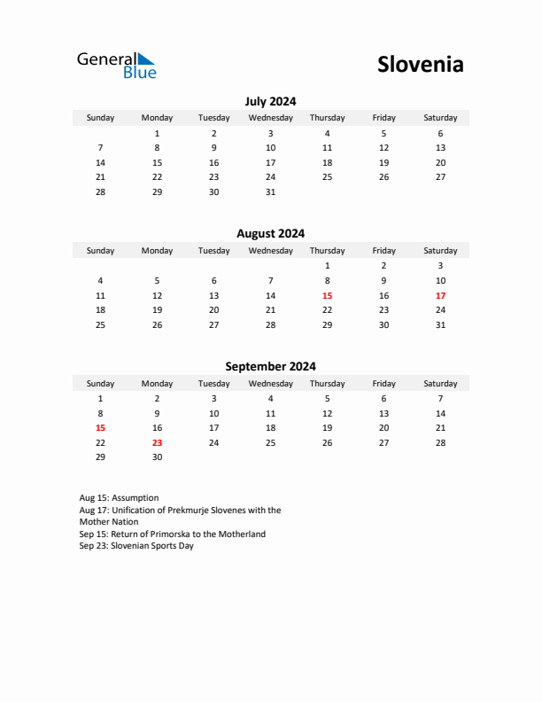 Printable Quarterly Calendar with Notes and Slovenia Holidays- Q3 of 2024