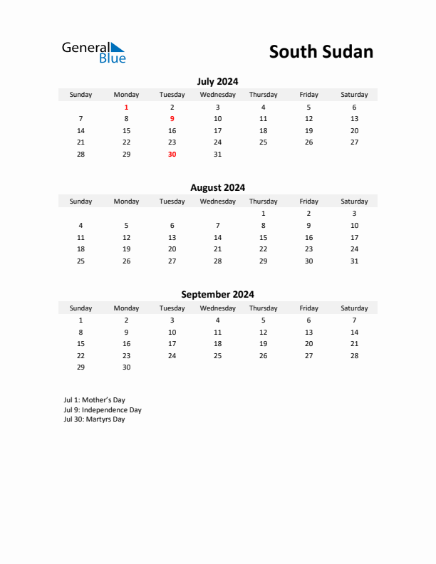 Printable Quarterly Calendar with Notes and South Sudan Holidays- Q3 of 2024