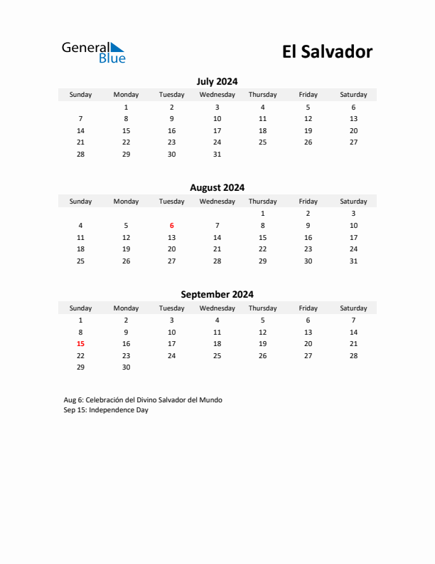 Printable Quarterly Calendar with Notes and El Salvador Holidays- Q3 of 2024