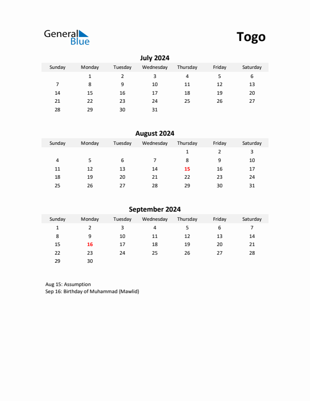 Printable Quarterly Calendar with Notes and Togo Holidays- Q3 of 2024