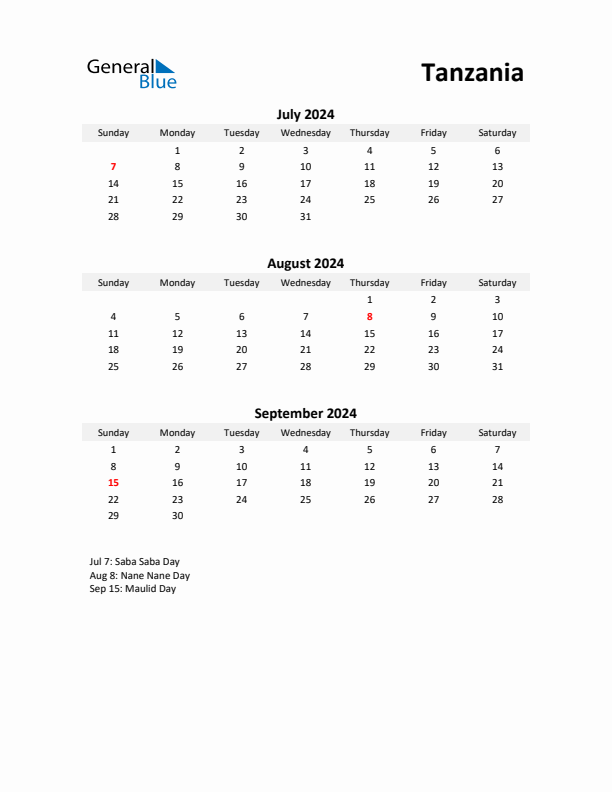 Printable Quarterly Calendar with Notes and Tanzania Holidays- Q3 of 2024