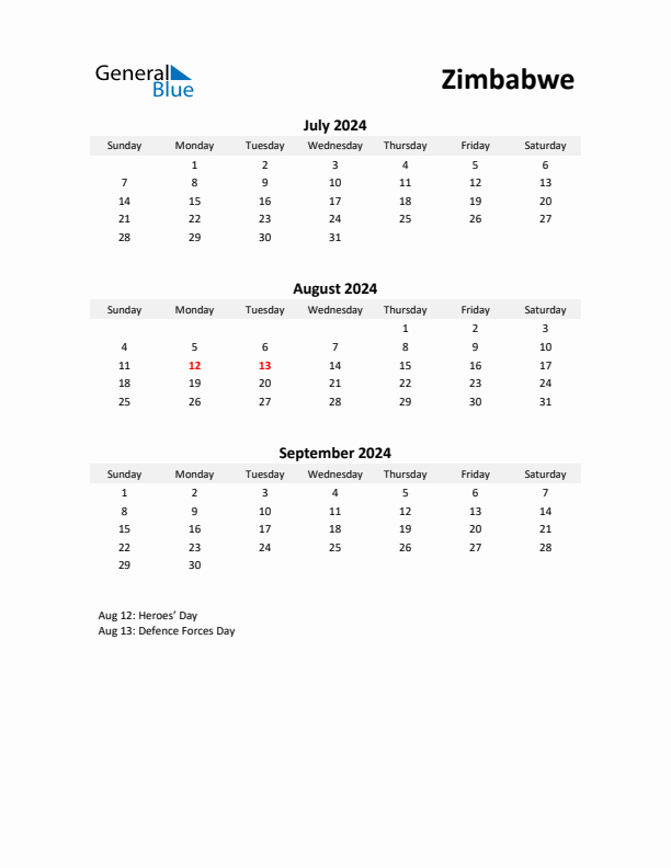 Printable Quarterly Calendar with Notes and Zimbabwe Holidays- Q3 of 2024