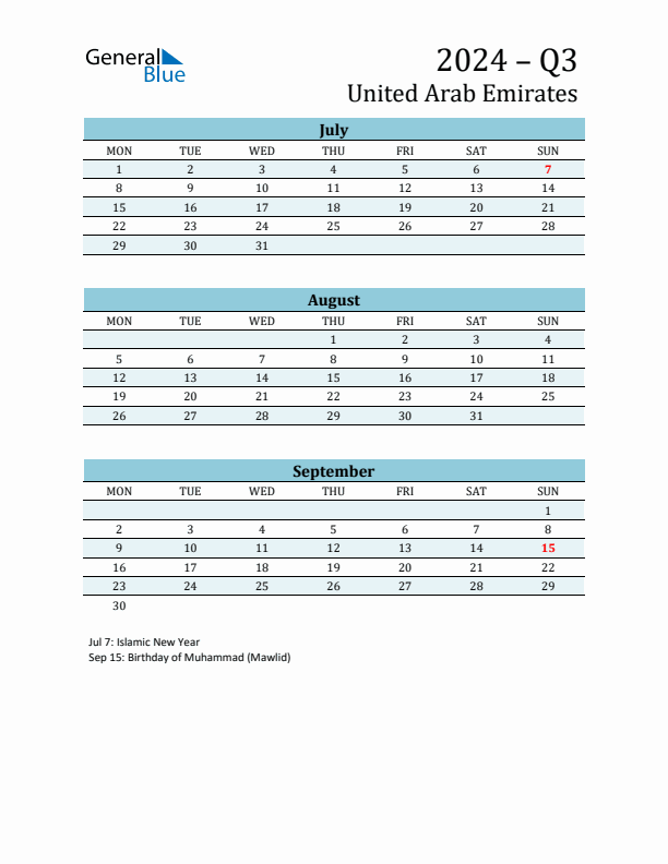 Three-Month Planner for Q3 2024 with Holidays - United Arab Emirates