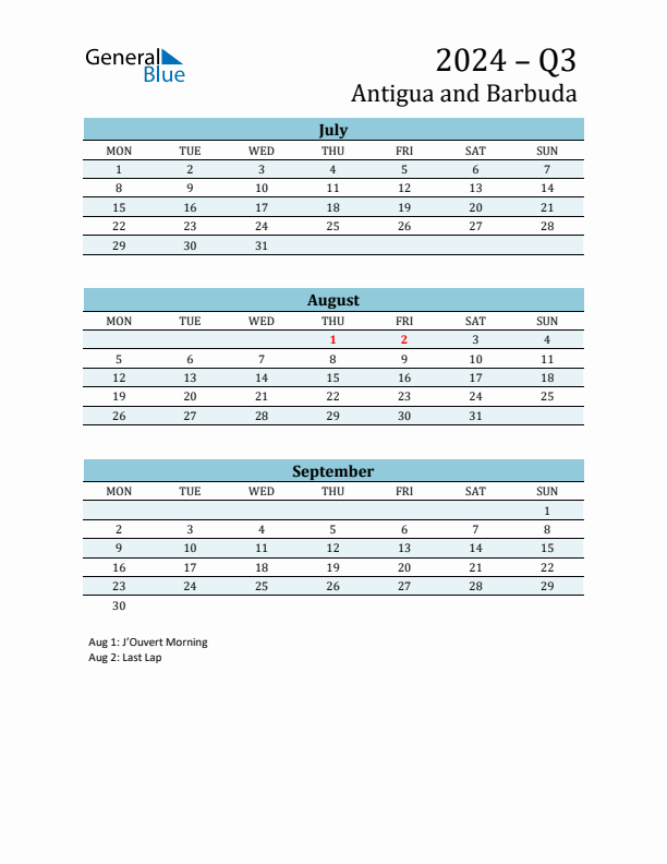 Three-Month Planner for Q3 2024 with Holidays - Antigua and Barbuda