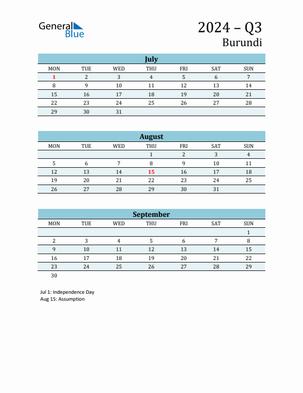 Three-Month Planner for Q3 2024 with Holidays - Burundi