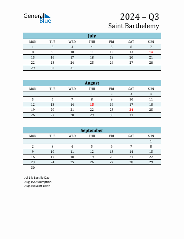 Three-Month Planner for Q3 2024 with Holidays - Saint Barthelemy