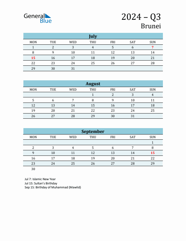 Three-Month Planner for Q3 2024 with Holidays - Brunei