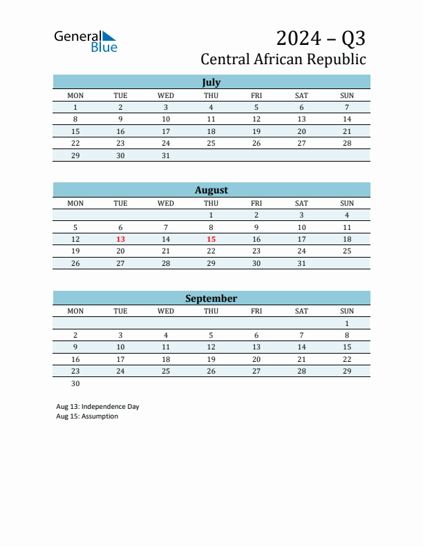 Three-Month Planner for Q3 2024 with Holidays - Central African Republic