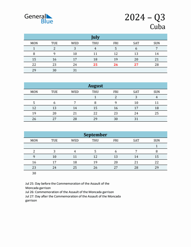 Three-Month Planner for Q3 2024 with Holidays - Cuba