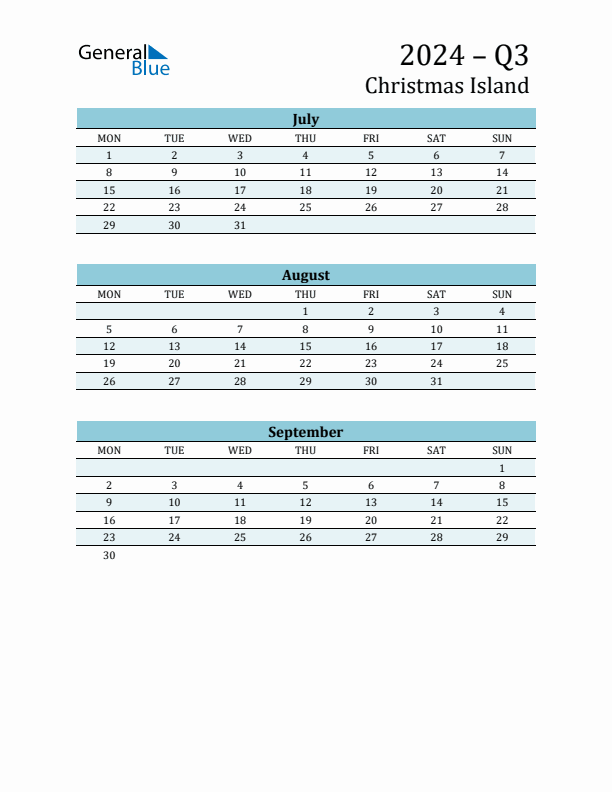 Three-Month Planner for Q3 2024 with Holidays - Christmas Island