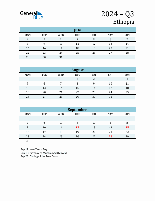 Three-Month Planner for Q3 2024 with Holidays - Ethiopia