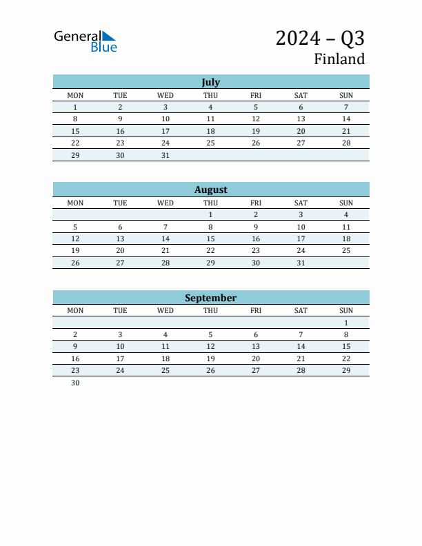 Three-Month Planner for Q3 2024 with Holidays - Finland