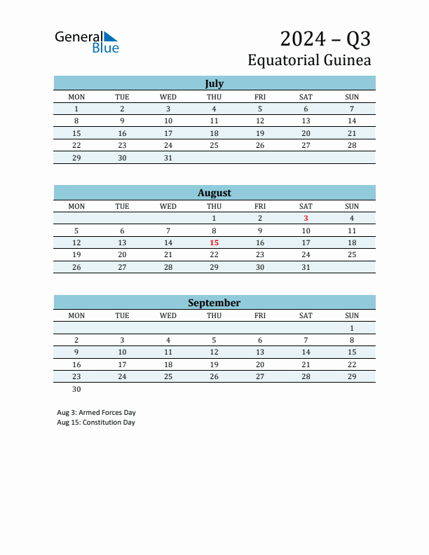 Three-Month Planner for Q3 2024 with Holidays - Equatorial Guinea