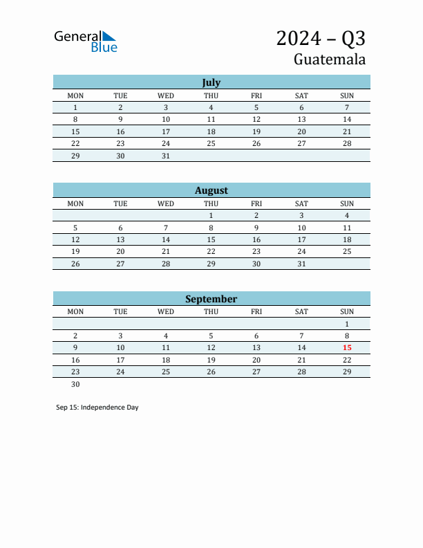 Three-Month Planner for Q3 2024 with Holidays - Guatemala