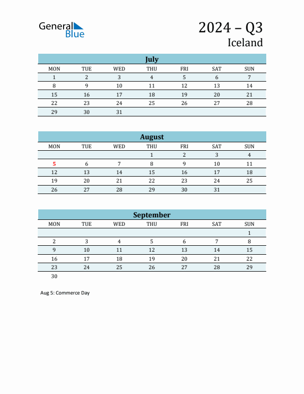 Three-Month Planner for Q3 2024 with Holidays - Iceland