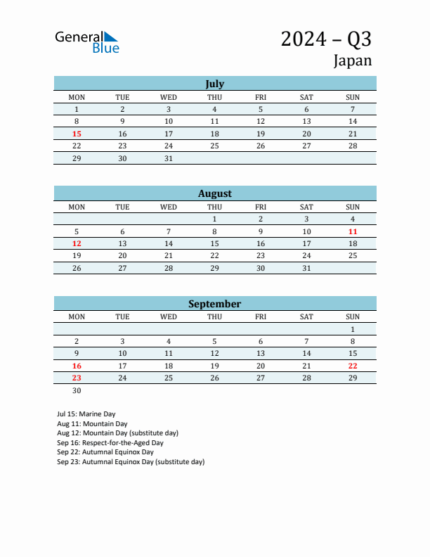 Three-Month Planner for Q3 2024 with Holidays - Japan